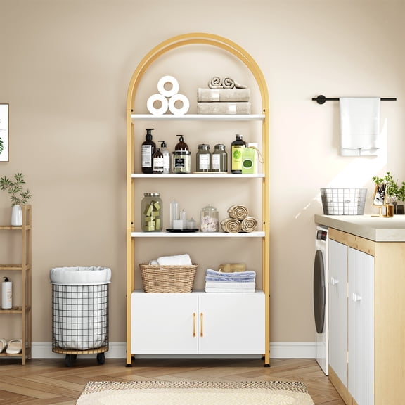 Arched Bookshelf Modern 4 Tiers 2 Louvered Doors 71.5 Inch Tall Freestanding Metal Frame Bookcase Open Display Shelving Storage Cabinet for Home Office Living Room Bedroom