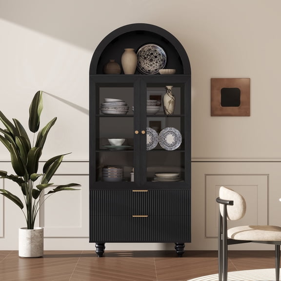 Arched Bookshelf, Wood Bookcase with Doors, Black Book Case for Living Room, 71"Tall Glass Display Cabinet
