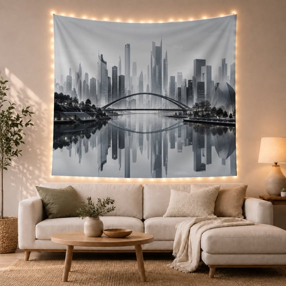Arched Bridge Across Water and City Skyline, Serene Minimalist for Cityscape Fans, Monochrome Urban Art, Housewarming Gift, Tapestry Wall Hanging for Bedroom and Living Room
