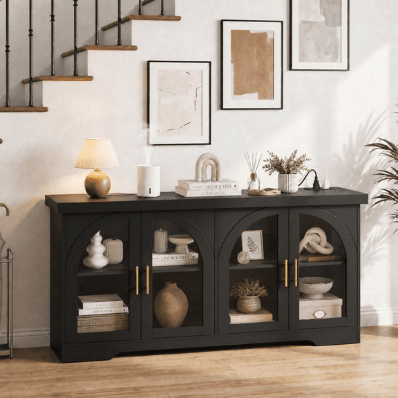 Arched Buffet Cabinet with Power Outlet & LED Lights, Kitchen Side Storage Organizer with Adjustable Shelves for Living Room, Kitchen,Entryway,Black