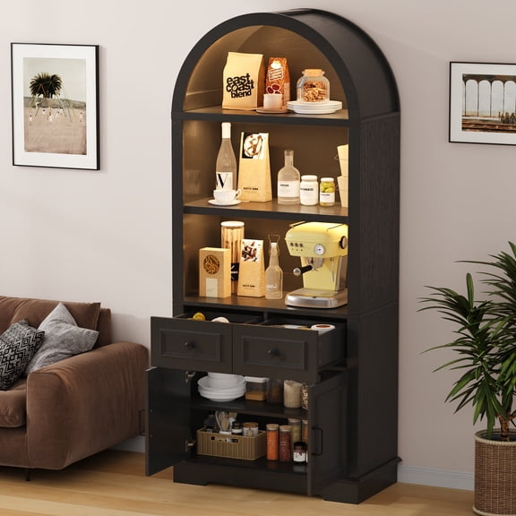 Negylim Arched Top Coffee Bar Cabinet with LED Lights, Wooden Freestanding Beverage Storage Hutch with Open Shelves, 2 Drawers & Closed Cupboard for Kitchen Living Room Home Coffee Station, Black
