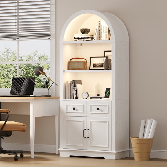 71" Tall Arched Bookcase with Storage, 3-Color LED Lights & Motion Sensor, 2 Drawers, Doors & Adjustable Shelf, Freestanding Storage Cabinet for Living Room, Home Office, Bedroom & Entryway, White
