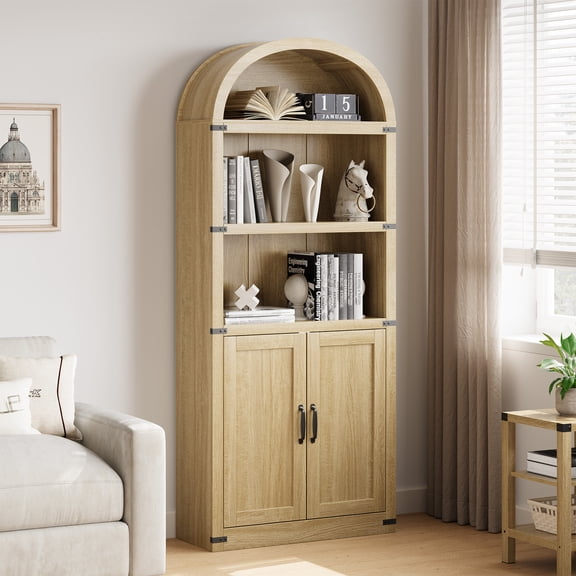 Arched Cabinets,Bookcase with storage,Mid-Century Modern 5-Tier Bookshelf with Door, Floor Standing Open Display Shelving Unit for Living Room, Bedroom, Home Office