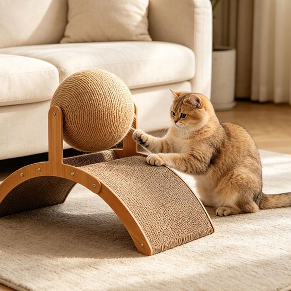 Arched Cat Scratcher with Robust Rotating Sisal Ball, Resilient Corrugated Cardboard Scratching Pad for Indoor Cats, Sturdy MDF Frame Furniture Protector & Toy, 13.8-Inch