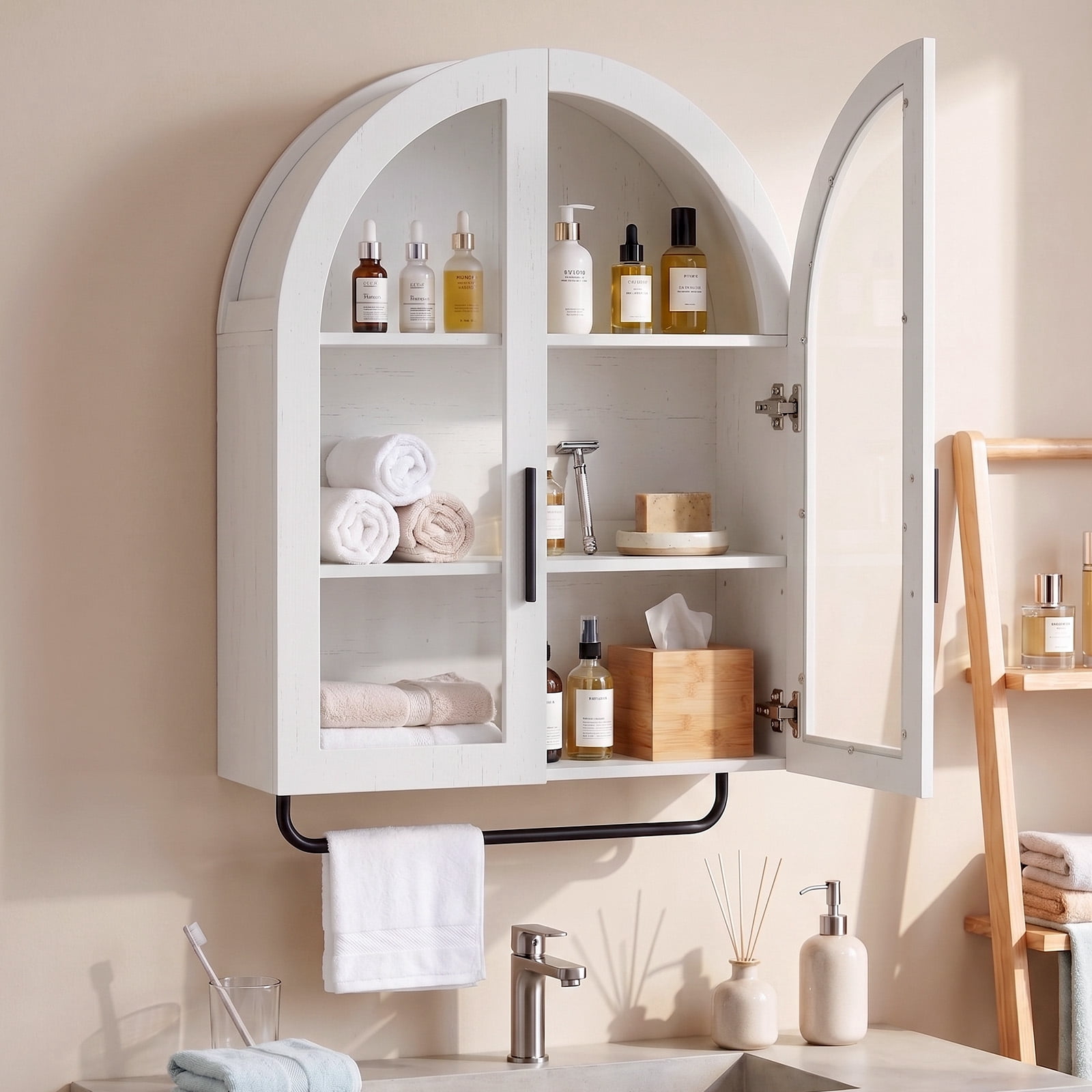 Arched Ceiling 2 Glass Doors 3 Shelves Bathroom Vanity MDF Melamine-Faced Bathroom Vanity with Towel Bar, Grey 23.62*9.45*31.5in