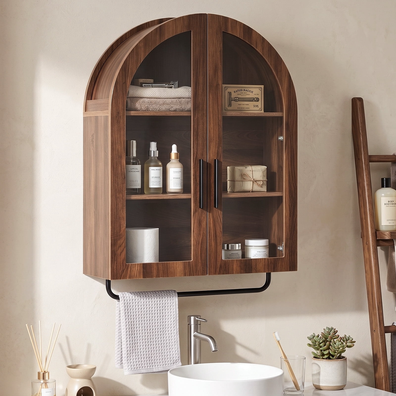 Arched Ceiling 2 Glass Doors 3 Shelves Bathroom Vanity MDF Melamine-Faced Bathroom Vanity with Towel Bar, Walnut 23.62*9.45*31.5in