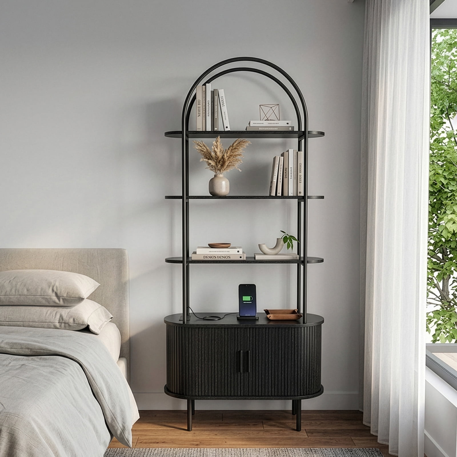 Arched Ceiling + 4-Layer Open Shelving + Double-Door Roller Shutter Display Case Display Rack with Socket (1USB+1Type-C) & Melamine Veneer & Iron Pipe Spray Paint, 31.5*13.78*70.87i, Black