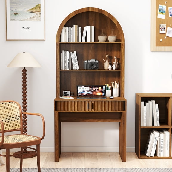 Arched Computer Desk, Home Office Desk with Hutch, Study Writing Desk with Open Shelf for Bedroom