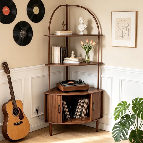Arched Corner Turntable Stand Table with Charging Station, 4-Tier Tall Vinyl Storage Cabinet for Small Apartments