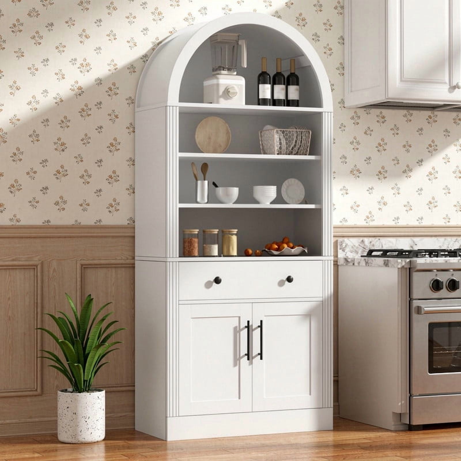 Arched Display Bookshelf with Adjustable Shelves, Kitchen Pantry Storage Cabinet with Drawer, Freestanding Cupboard