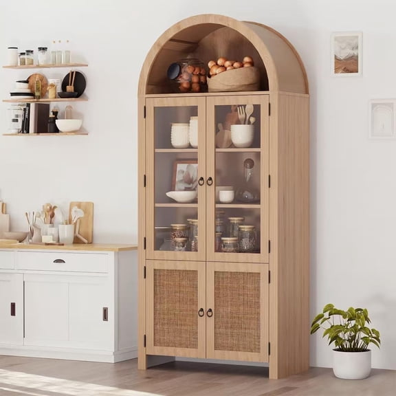 Arched Display Cabinet with Fluted Glass Doors and Rattan Storage Tall Bookshelf Storage Cabinet for Living Room Kitchen Bedroom Home Office 71 Inch Natural