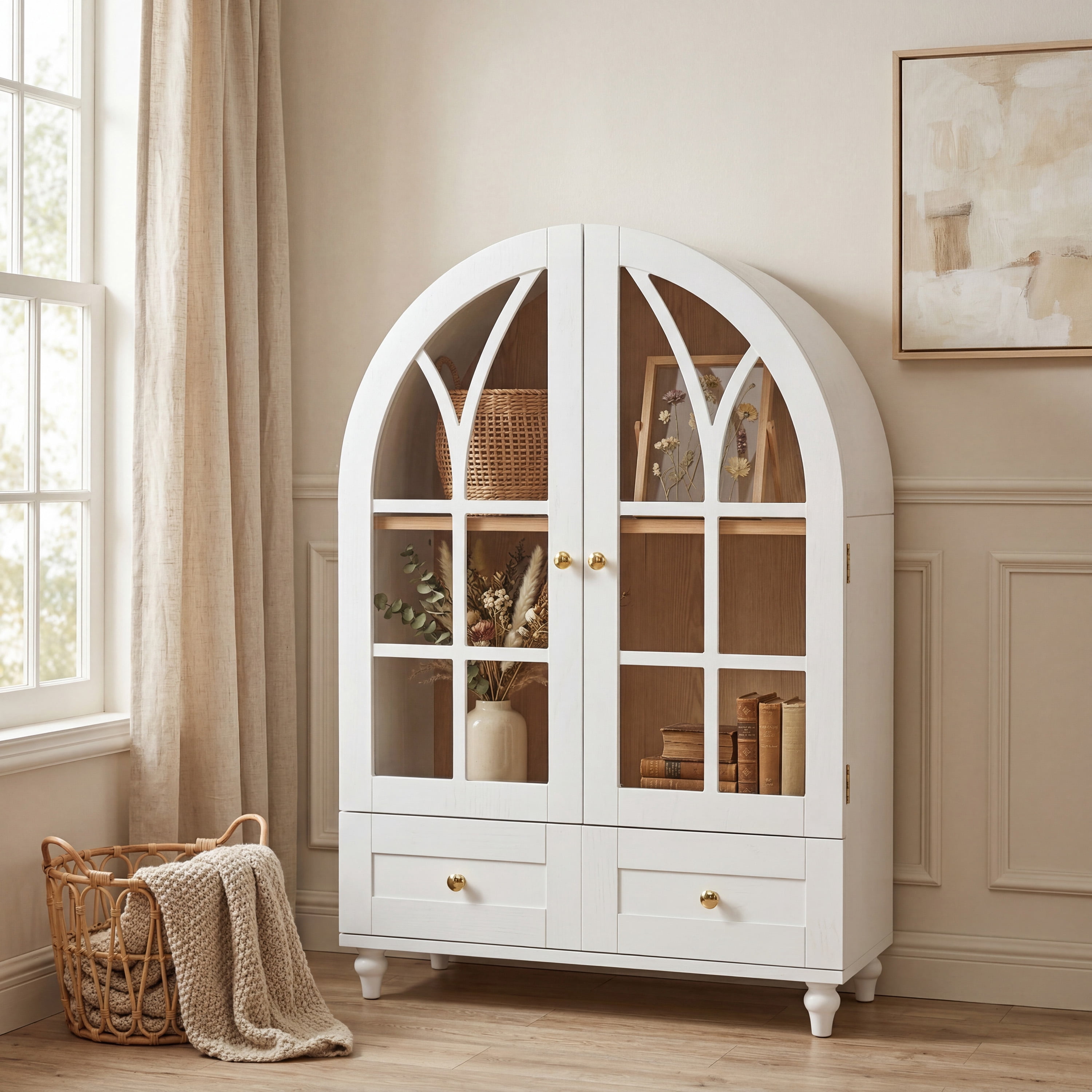 Arched Display Cabinet with Tempered Glass Doors,Wood Storage Cabinet with Natural Wood Grain Finish, Solid Wood Legs Accent Cabinet with Drawers for Living Room, Dining Room, Office