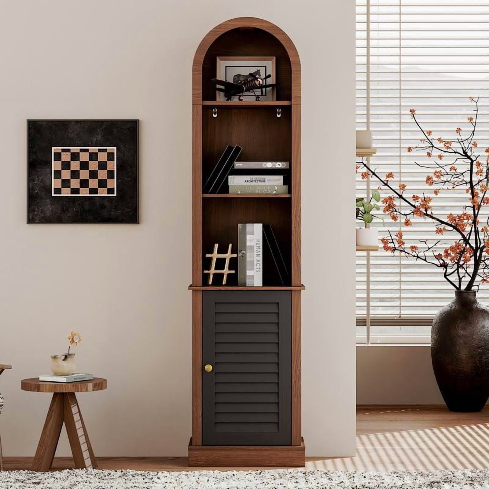 Arched Display Cabinet with Louver Doors 31.5x15.75x70.8 Inch Walnut Storage for Living Room Entryway