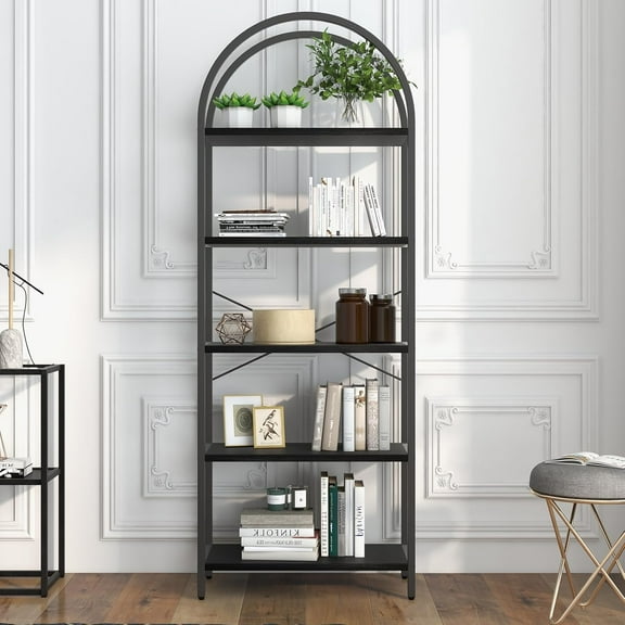 Arched Display Racks Bookshelf 5 Tier Bookcase Tall Standing Bookshelves Metal Frame Modern Storage Rack Shelf Large Wood Book Shelf