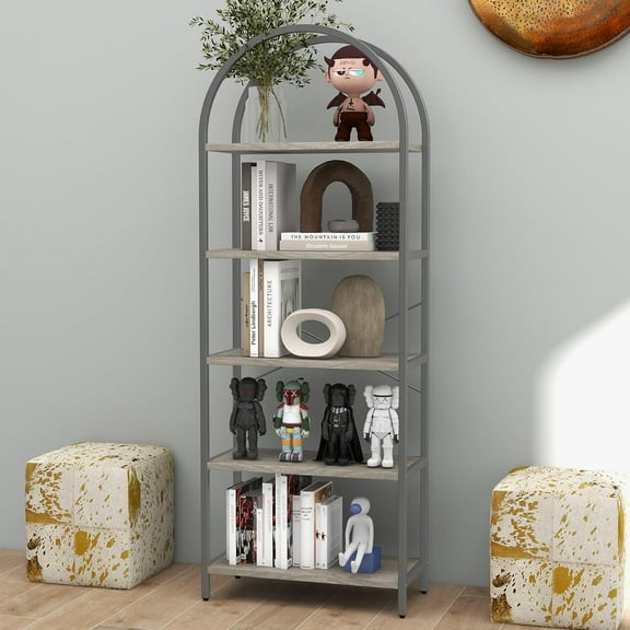 Arched Display Racks Bookshelf 5 Tier Bookcase Tall Standing Bookshelves Metal Frame Modern Storage Rack Shelf Large Wood Book Shelf