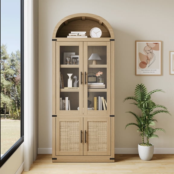 Arched Door Bookcase, Modern 6-Tier Bookshelf with Doors & Storage, Farmhouse Style Wooden Display Cabinet for Living Room, Kitchen, or Office Organization