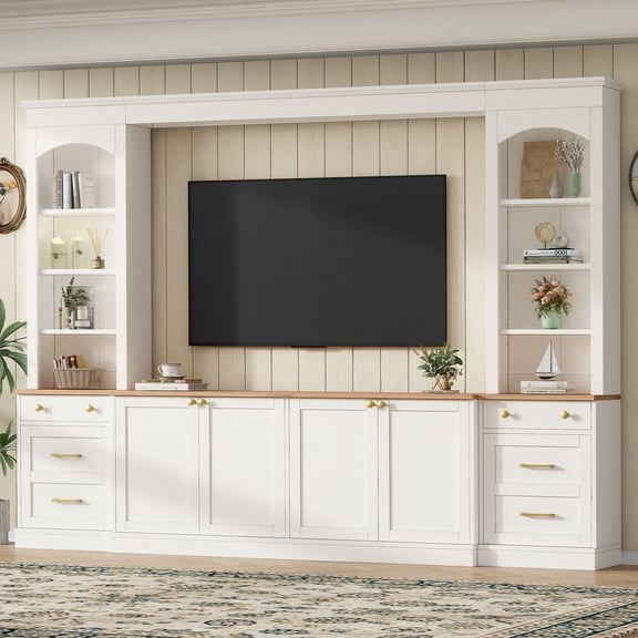 Arched Entertainment Center Wall Unit with Bookshelf, Retro Large TV Stand with Wood Grain for TVs Up to 70", 106inch Multi-Functional Media Console with Drawers for Living Room, White