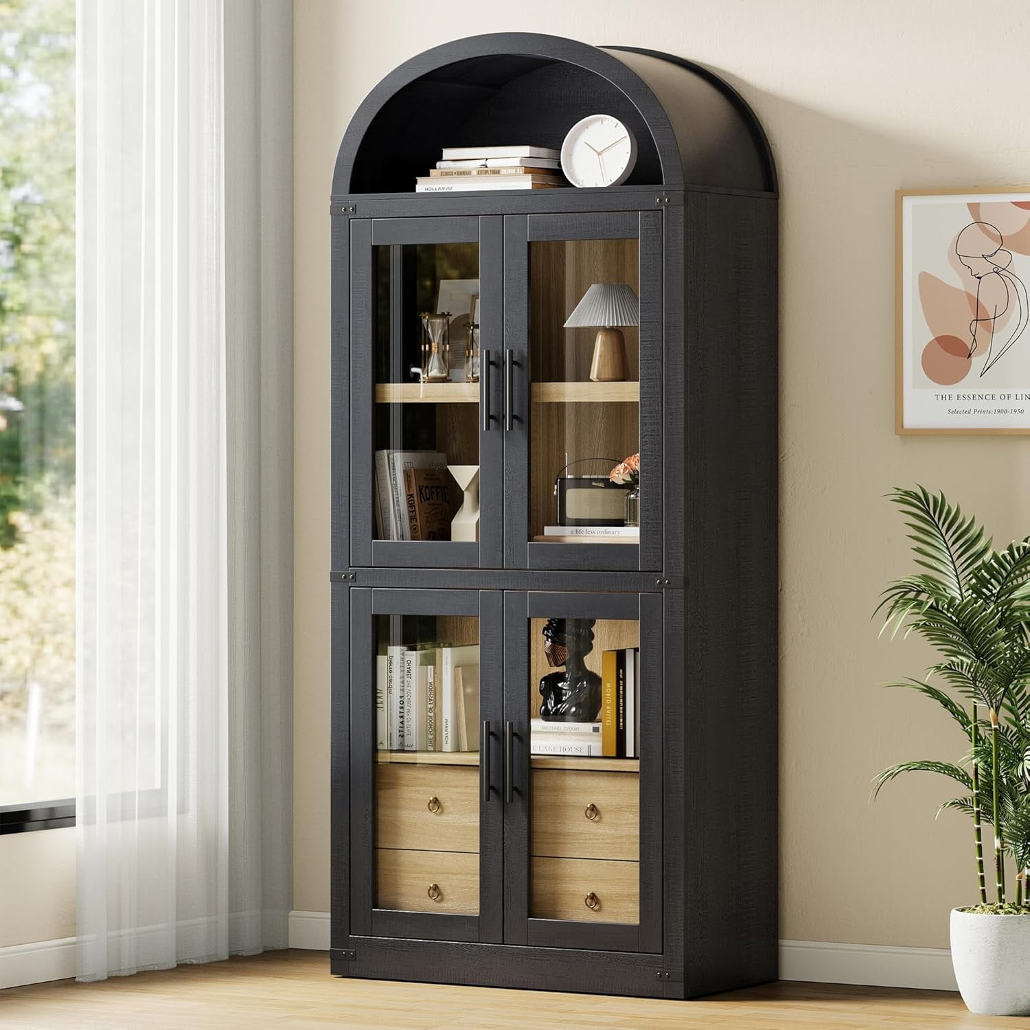 Arched Farmhouse Bookshelf with Doors and Drawers, 71.4" Tall Wooden ...