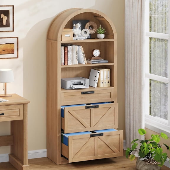 Arched Farmhouse File Cabinet with 2 Drawers for Legal, Letter, and A4 Size Hanging Files, Large Wooden File Cabinet for Home Office with Printer Stand and Bookshelf, Natrual