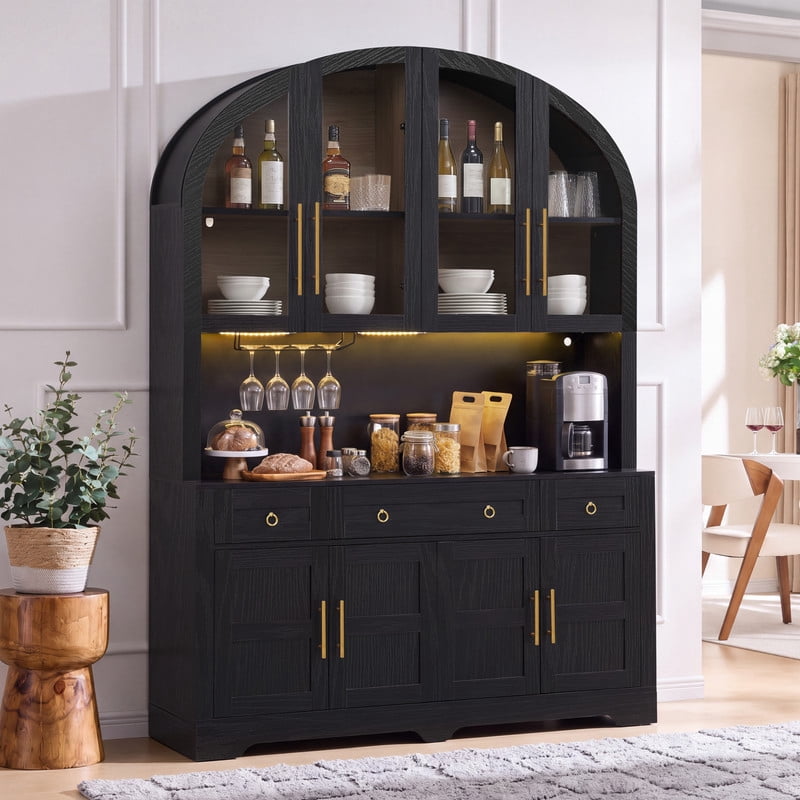 Arched Farmhouse Kitchen Pantry Storage Buffet with LED Light & Charging Station, Bar Cabinet Hutch with Drawers & Glass Holder