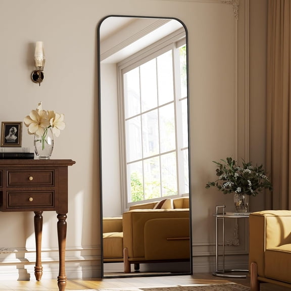 Arched Floor Standing Full Length Mirror 64"H x 21"W with Black Polished Aluminum Frame
