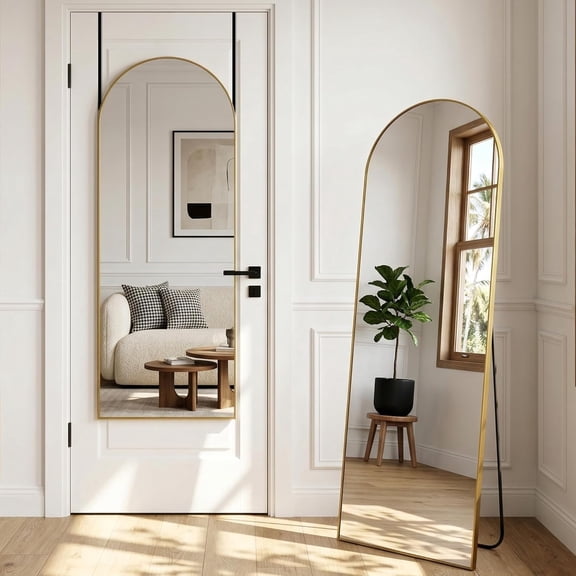 Arched Full-Length Door Mirror, Over-the-Door or Floor-Standing, Wall-Mountable or Leaning, Gold Aluminum Frame, 58" H x 20" W, Modern Polished Finish