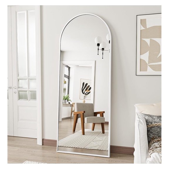 Arched Full Length Floor Mirror, 56 x 20 Inch Standing Mirror with White Aluminum Alloy Frame, Lean Wall Mirror for Bedroom, Living Room, and Entryway with U-Bracket Support