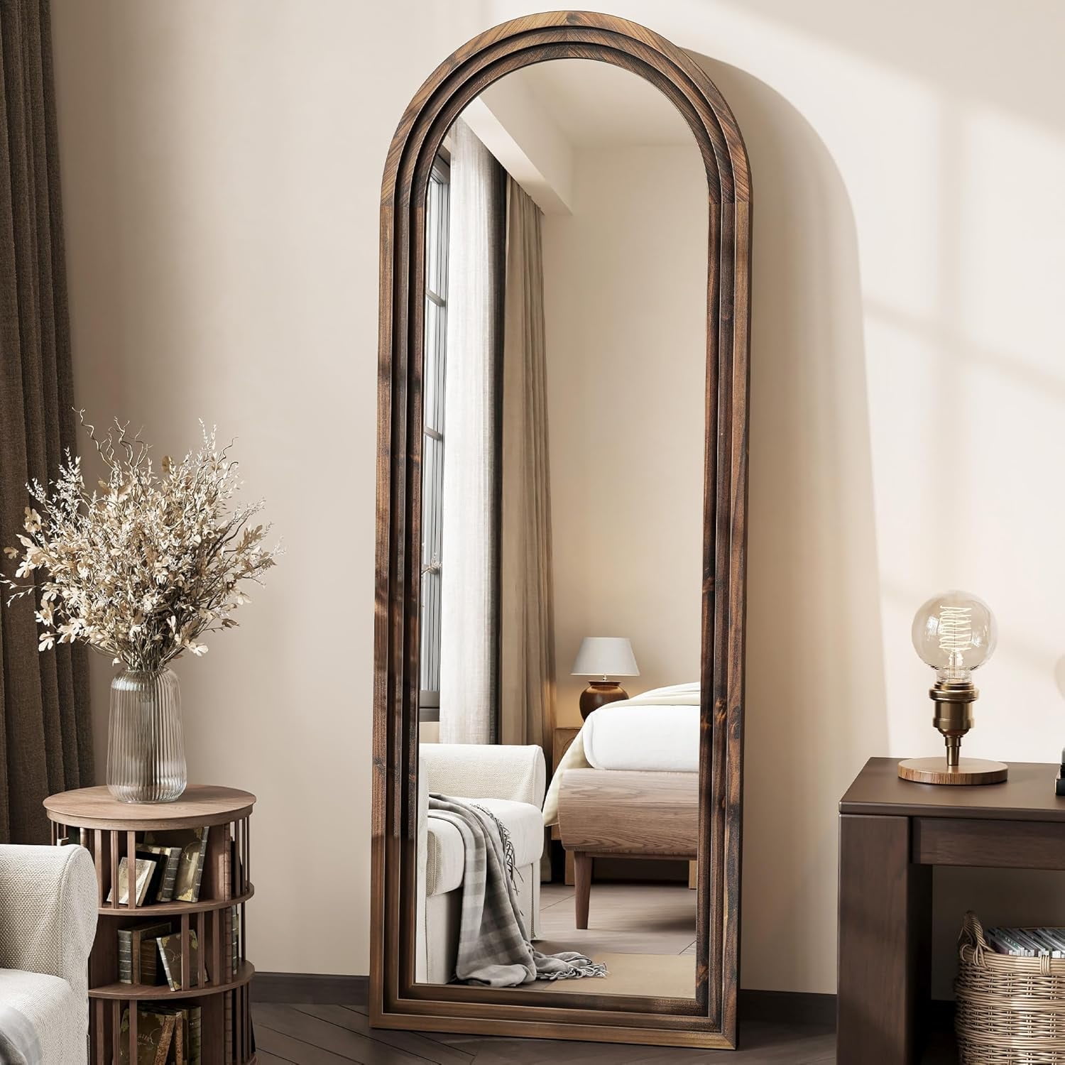 Arched Full Length Floor Mirror 63"x21", Triple-Layer Solid Wood Frame, Rustic Farmhouse Full Body Mirror with Stand for Bedroom, Entryway & Living Room, Walnut Finish