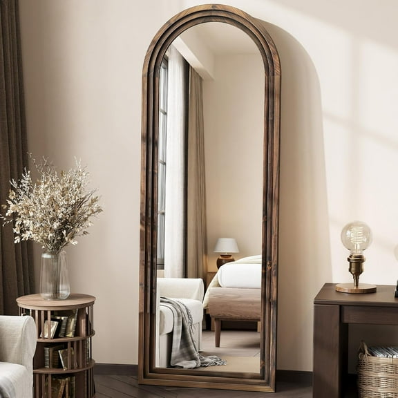 Arched Full Length Floor Mirror 63"x21", Triple-Layer Solid Wood Frame, Rustic Farmhouse Full Body Mirror with Stand for Bedroom, Entryway & Living Room, Walnut Finish