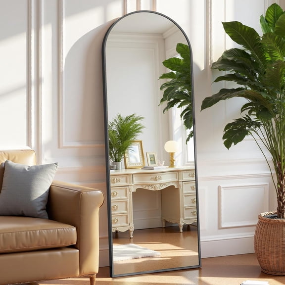 Arched Full Length Mirror 59"x16" for Bedroom, Full Body Mirror with Stand, Hanging or Leaning for Wall, Aluminum Alloy Thin Frame Floor Standing for Living Room, Tall, Black