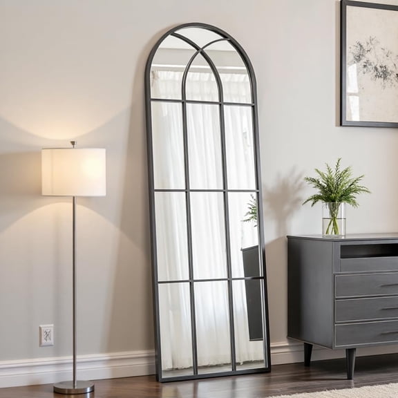 Arched Full Length Mirror 65"L x 22"W Iron Frame Window Pane Style Black