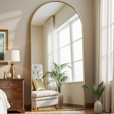 Arched Full Length Mirror, 71"x26" Large Floor Standing Body Mirror with Stand, Gold