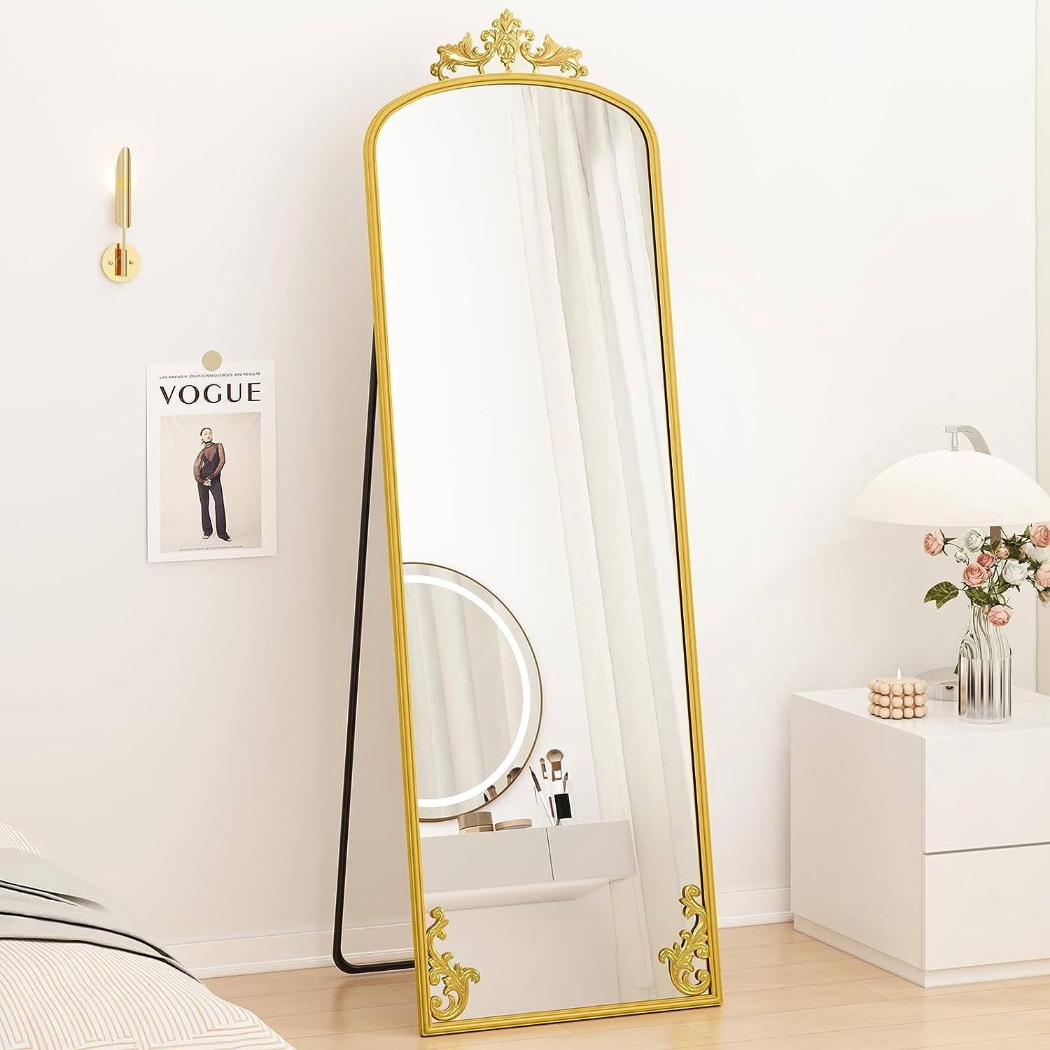Arched Full Length Mirror with Carved Metal Frame, 65" x 21" Gold Floor ...