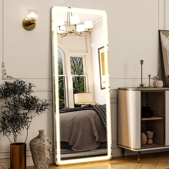 Arched Full Length Mirror with LED Lights, Standing or Wall-Mounted Full Body Mirror with Stand, Dimmable 3-Color Lighted Floor Mirror for Bedroom, Dressing Room, Cloakroom