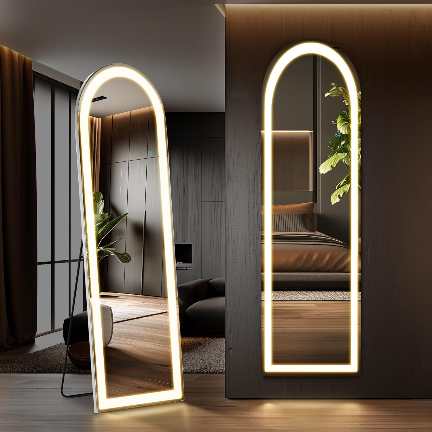Arched Full Length Mirror with Lights, 60"x16" LED Floor Mirror with Stand, Lighted Body Floor ...