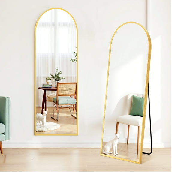 Arched Full Length Mirror with Stand, 59"x16" Floor Mirror with Aluminum Alloy, Tempered Glass Full Body Mirror, Free Standing or Wall-Mounted or Door Mirror for Living Room, Gold