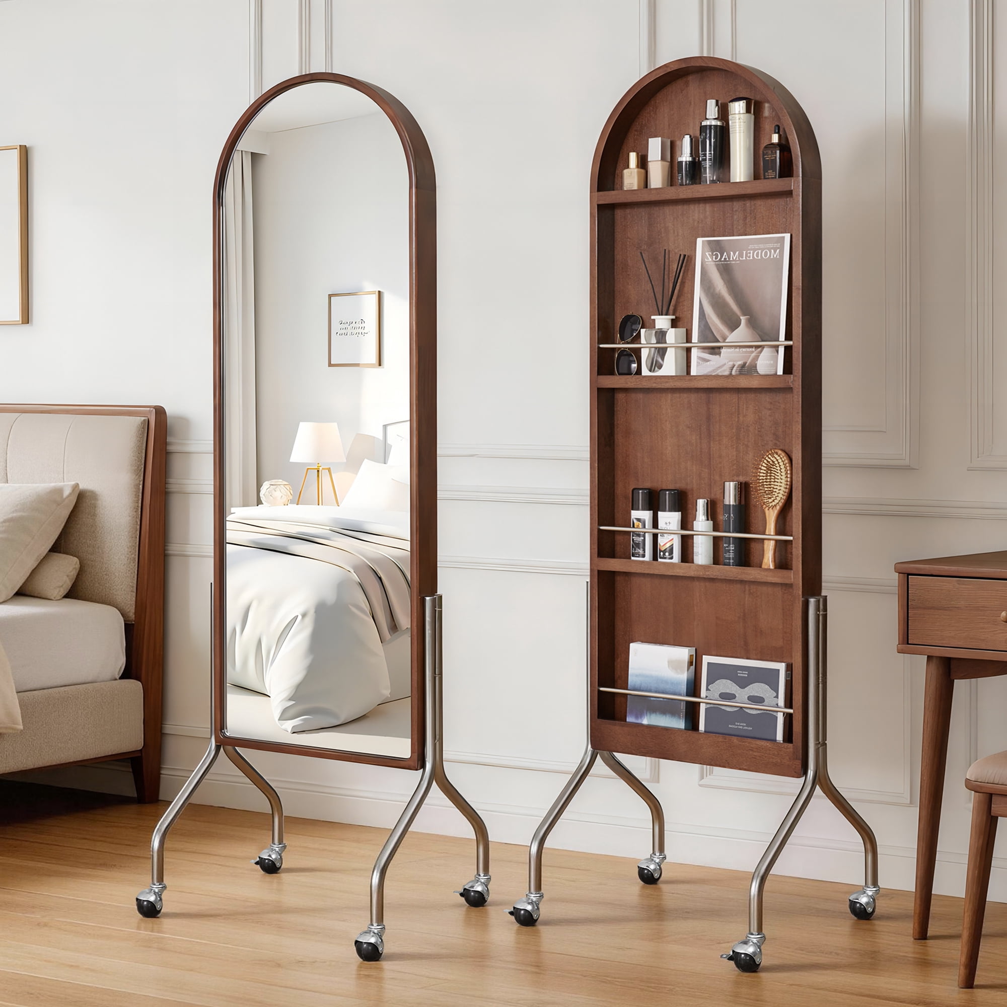 Arched Full Length Mirror with Storage Shelves & Wheels, Rubber Wood Frame Floor Mirror, Freestanding Rolling Mirror with Cart, 2-in-1 Dressing Mirror & Bookcase for Bedroom Living Room