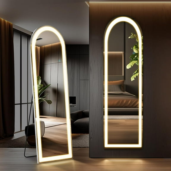 Arched Full Length Mirror with LED Lights, 60"x16" Lighted Floor Standing Mirror with Stand