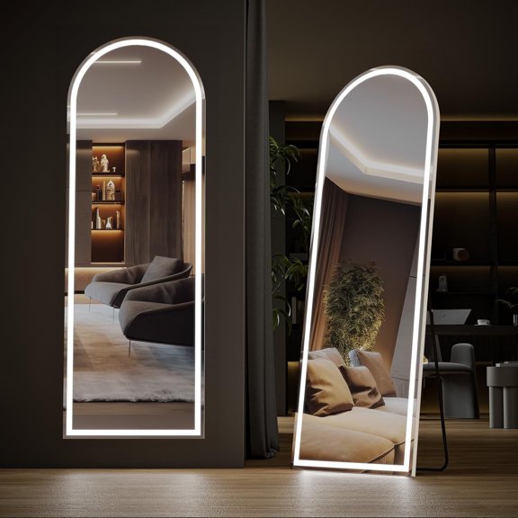 Arched Full Length Mirror with LED Lights, 63"x20" Lighted Floor Standing Mirror with Stand