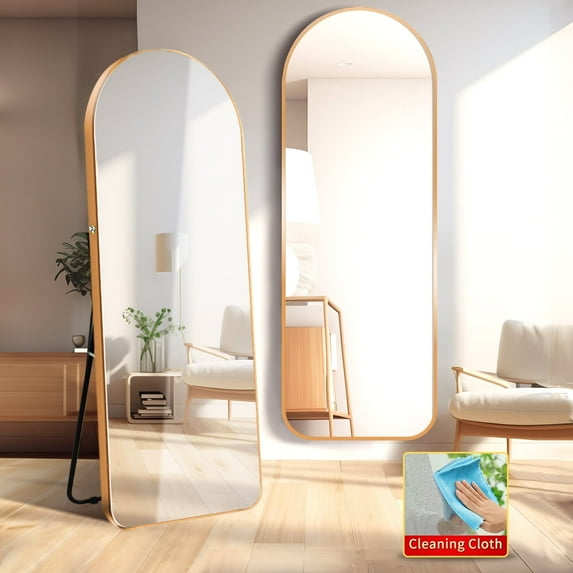 Arched Full Length Wall Mirror 64"x21" Full Body Mirror with Cleaning Cloth for Bedroom Door Decorative Makeup Aluminum Alloy Frame Floor Mirror Wall Mount Gold
