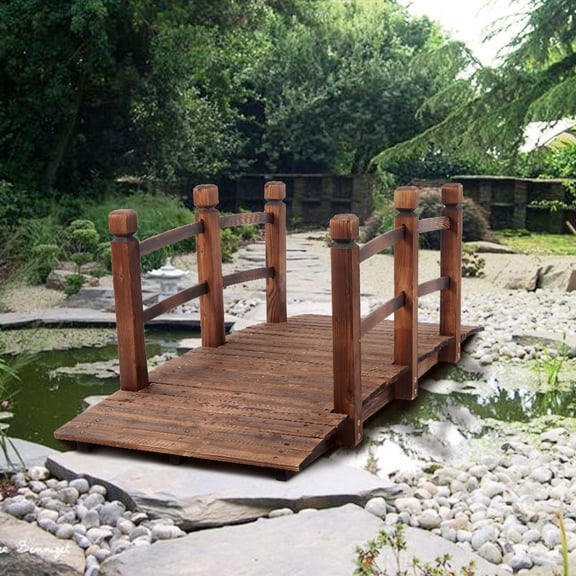 Arched Garden Bridge Solid Wood Landscape Bridge Carbonized Fir Wood 5ft Long 500lb Capacity for Japanese Zen Garden Koi Pond Creek Crossing Yard Patio Decor Antique Brown