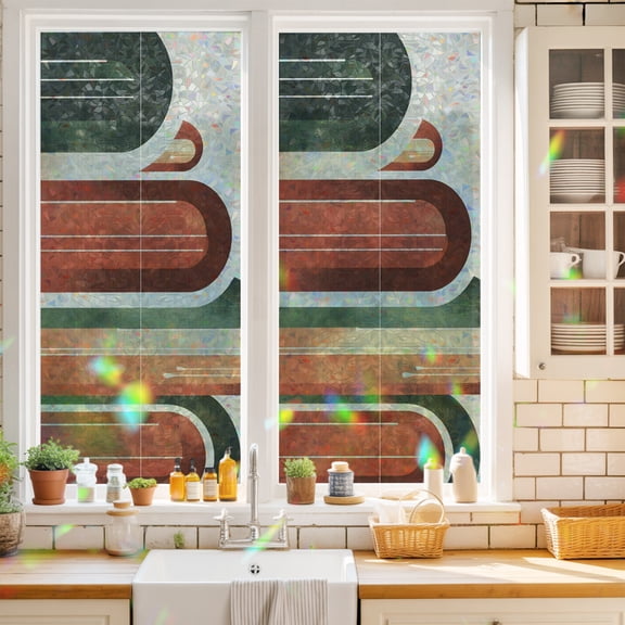 Arched Gateway Window Privacy Film Abstract Vintage Green Clay Brown Architectural Static Cling Stained Glass Window Film Non-Adhesive Decorative Decals Rainbow Sticker 17.7"X39.3"