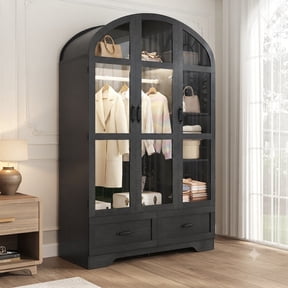 75" Tall Armoire Wardrobe Closet with Glass Door & LED Sensor Light, Arched Armoire Closet with Storage Drawers & Hanging Rod, 3 Doors Clothes Organizer Display Cabinet for Bedroom