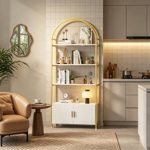 Arched Gold Bookshelf with Doors, 71" Tall Bookcase with Sturdy Metal Frame, Freestanding Display Shelving Unit, White and Gold Geometric Shelf for Living Room, Bedroom, Home Office