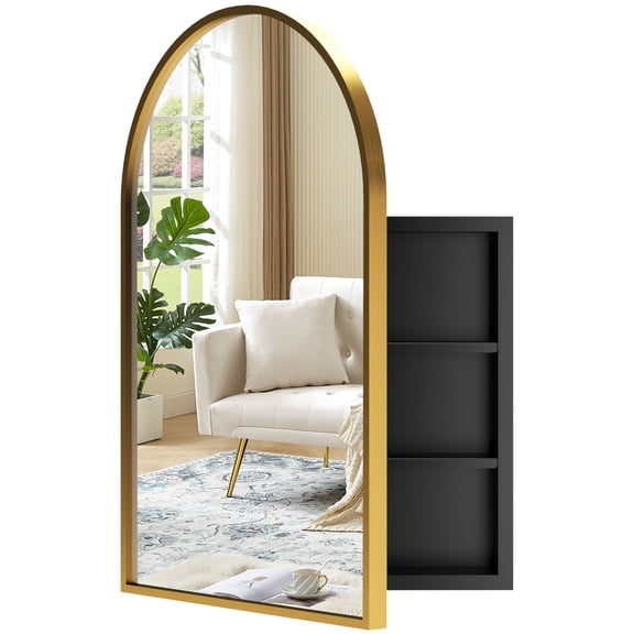 Arched Gold Medicine Cabinet with Mirror, 30"x20" Metal Framed Bathroom Mirror Medicine Cabinet Recessed or Surface Wall-Mounted, Modern Bathroom Vanity Mirror with Storage, 2 Removable Shelves