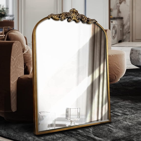 Arched Gold Mirror,Gold Traditional Vintage Ornate Baroque Mirror,Antique Brass Mirrors,Wall Mounted Mirrors for Entryway/Fireplace/Living Room/Hallway/Bathroom.36“X24”Gold