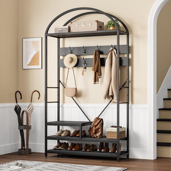 Arched Hall Tree Coat Rack with Shoe Storage, Freestanding Entryway Organizer with Multi‑Hooks & 3‑Tier Shoe Shelves, Metal Frame Coat Shoe Rack for Entry Hallway - Black 100cm