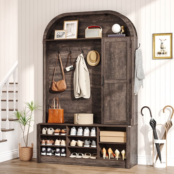 Arched Hall Tree with Shoe Storage & Mirror, 6-in-1 Entryway Bench with Coat Rack Hooks & Cabinet, Tall Mudroom Organizer Coat Stand for Entryway, Hallway, Living Room, Walnut