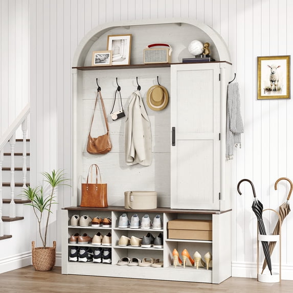 Arched Hall Tree with Shoe Storage & Mirror, 6-in-1 Entryway Bench with Coat Rack Hooks & Cabinet, Tall Mudroom Organizer Coat Stand for Entryway, Hallway, Living Room, Wash White