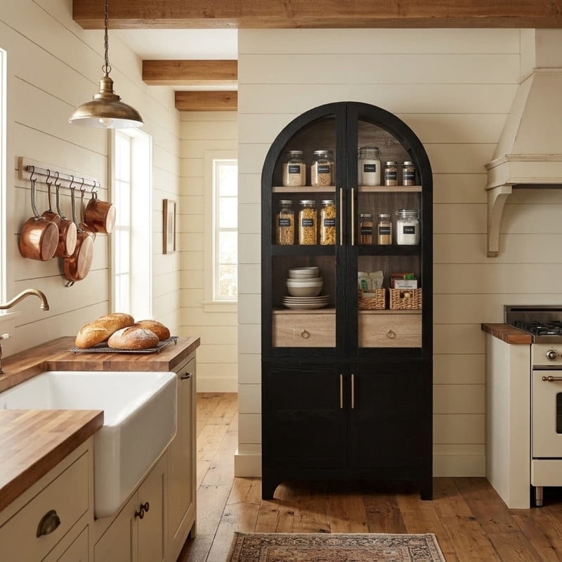 Arched Kitchen Pantry Cabinet with Door Shelves, 71" Tall Kitchen Storage Cabinet with Open & Adjustable Shelves, Freestanding Kitchen Cupboard with Hidden Drawer & Glass Door